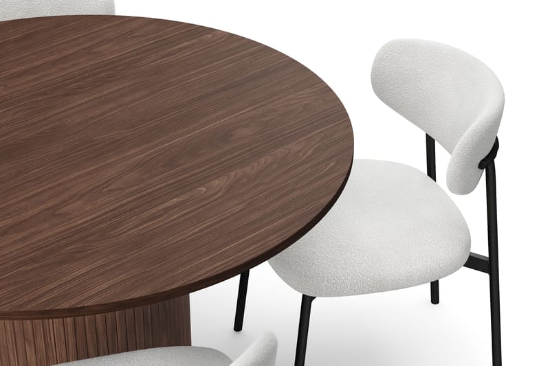 Kopparbo Rundt Spisebord 120 cm til 6 personer med 4 Lucy Spisestole - Mørkebrun / Hvid Bouclé / Metalben Sort - Møbler - Borde - Spisebordssæt