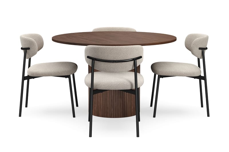 Kopparbo Rundt Spisebord 120 cm til 6 personer med 4 Lucy Spisestole - Mørkebrun / Greige Bouclé / Metalben Sort - Møbler - Borde - Spisebordssæt
