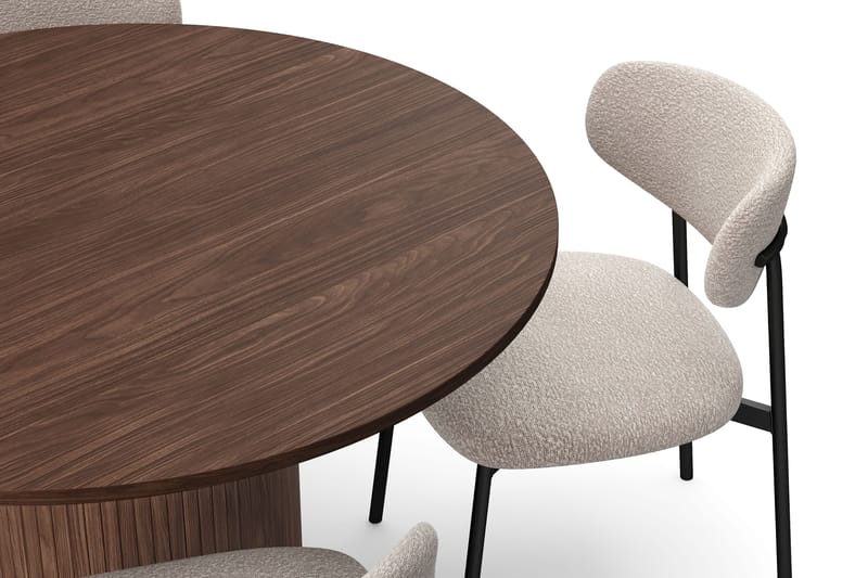 Kopparbo Rundt Spisebord 120 cm til 6 personer med 4 Lucy Spisestole - Mørkebrun / Greige Bouclé / Metalben Sort - Møbler - Borde - Spisebordssæt