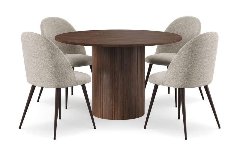 Kopparbo Rundt Spisebord 120 cm til 6 personer med 4 Nibe Plus Spisestole, Mørkebrun / Greige Bouclé / Metalben Valnød