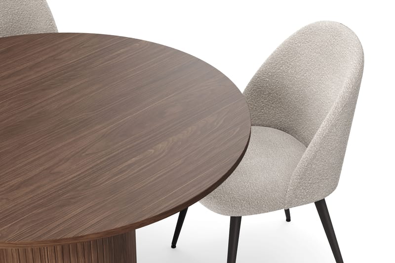Kopparbo Rundt Spisebord 120 cm til 6 personer med 4 Nibe Plus Spisestole - Mørkebrun / Greige Bouclé / Metalben Valnød - Møbler - Borde - Spisebordssæt