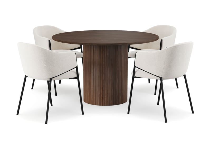 Kopparbo Rundt Spisebord 120 cm til 6 personer med 4 Filip Spisestole, Mørkebrun / Hvid Bouclé