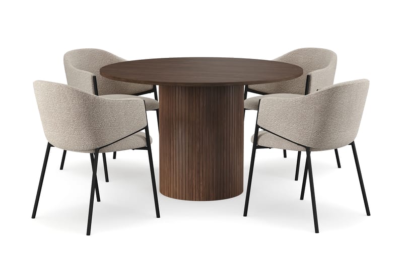 Kopparbo Rundt Spisebord 120 cm til 6 personer med 4 Filip Spisestole, Mørkebrun / Taupe Bouclé