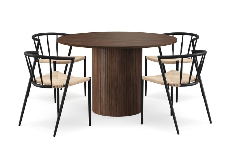 Kopparbo Rundt Spisebord 120 cm til 6 personer med 4 Winston Spisestole, Mørkebrun / Beige / Metalben Sort