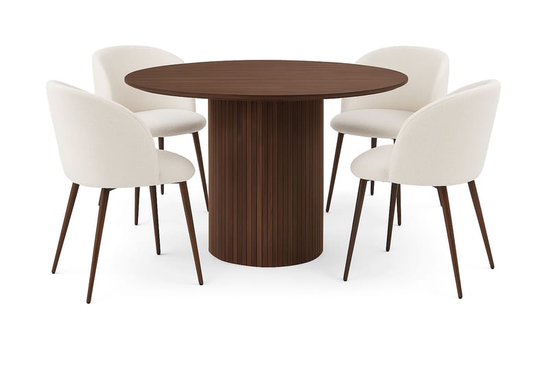 Kopparbo Rundt Spisebord 120 cm til 6 personer med 4 Greya Spisestole med armlæn, Mørkebrun / Hvid Bouclé / Metalben Valnød