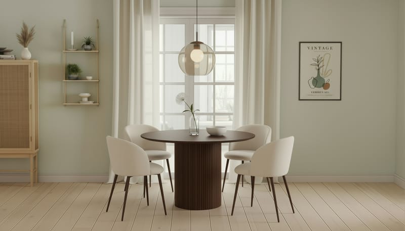 Kopparbo Rundt Spisebord 120 cm til 6 personer med 4 Greya Spisestole med armlæn - Mørkebrun / Hvid Bouclé / Metalben Valnød - Møbler - Borde - Spisebordssæt