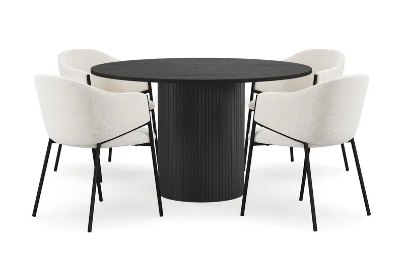 Kopparbo Rundt Spisebord 130 cm med 4 Filip Spisestole, Sort træ / Hvid Bouclé
