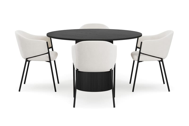 Kopparbo Rundt Spisebord 130 cm med 4 Filip Spisestole - Sort træ / Hvid Bouclé - Møbler - Borde - Spisebordssæt