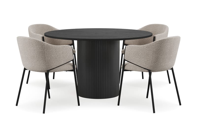 Kopparbo Rundt Spisebord 130 cm med 4 Filip Spisestole, Sort træ / Taupe Bouclé
