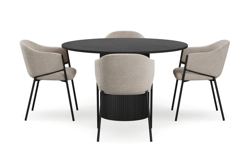 Kopparbo Rundt Spisebord 130 cm med 4 Filip Spisestole - Sort træ / Taupe Bouclé - Møbler - Borde - Spisebordssæt