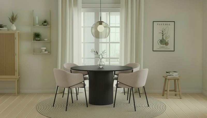 Kopparbo Rundt Spisebord 130 cm med 4 Filip Spisestole - Sort træ / Taupe Bouclé - Møbler - Borde - Spisebordssæt