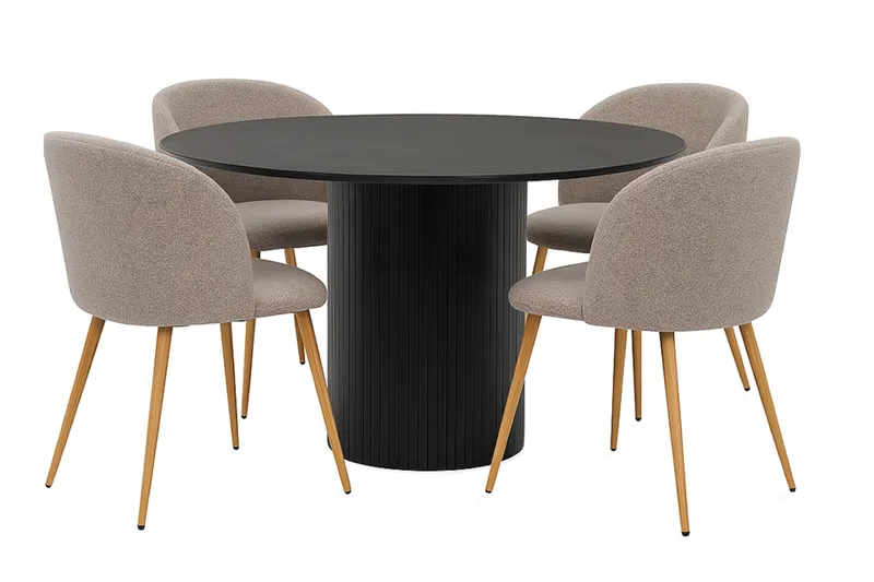 Kopparbo Rundt Spisebord 130 cm med 4 Greya Spisestole med armlæn, Sort træ / Greige Bouclé / Metalben Eg