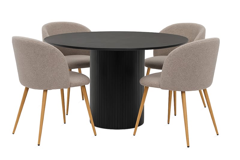 Kopparbo Rundt Spisebord 130 cm med 4 Greya Spisestole med armlæn, Sort træ / Greige Bouclé / Metalben Eg