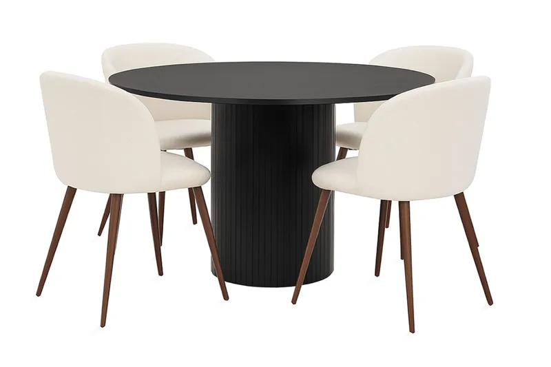 Kopparbo Rundt Spisebord 130 cm med 4 Greya Spisestole med armlæn, Sort træ / Hvid Bouclé / Metalben Valnød