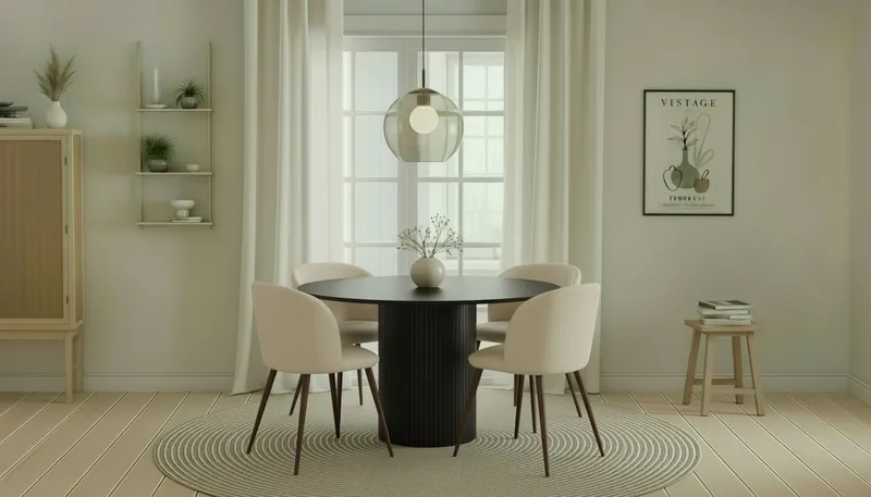 Kopparbo Rundt Spisebord 130 cm med 4 Greya Spisestole med armlæn - Sort træ / Hvid Bouclé / Metalben Valnød - Møbler - Borde - Spisebordssæt