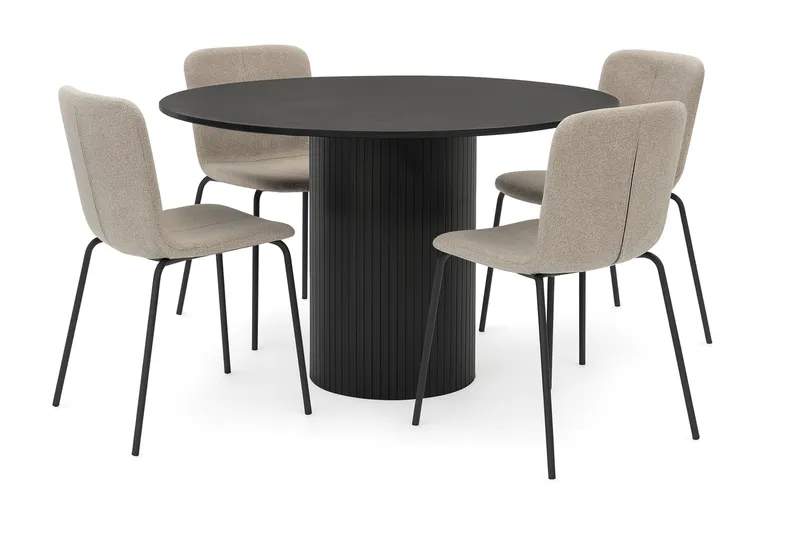 Kopparbo Rundt Spisebord 130 cm med 4 Katy Spisestole, Sort træ / Greige Bouclé / Metalben Sort