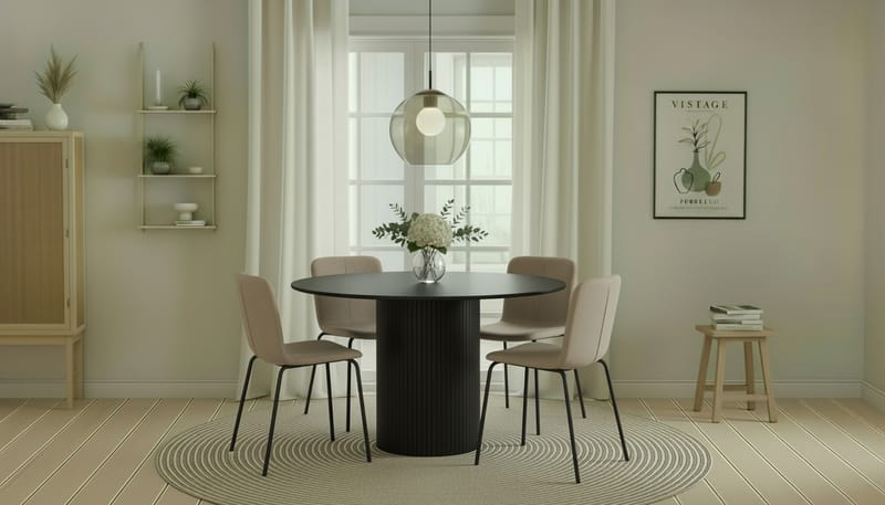 Kopparbo Rundt Spisebord 130 cm med 4 Katy Spisestole - Sort træ / Greige Bouclé / Metalben Sort - Møbler - Borde - Spisebordssæt