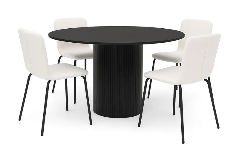Kopparbo Rundt Spisebord 130 cm med 4 Katy Spisestole, Sort træ / Hvid Bouclé / Metalben Sort