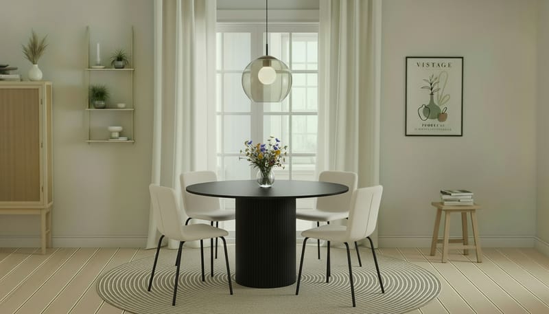 Kopparbo Rundt Spisebord 130 cm med 4 Katy Spisestole - Sort træ / Hvid Bouclé / Metalben Sort - Møbler - Borde - Spisebordssæt