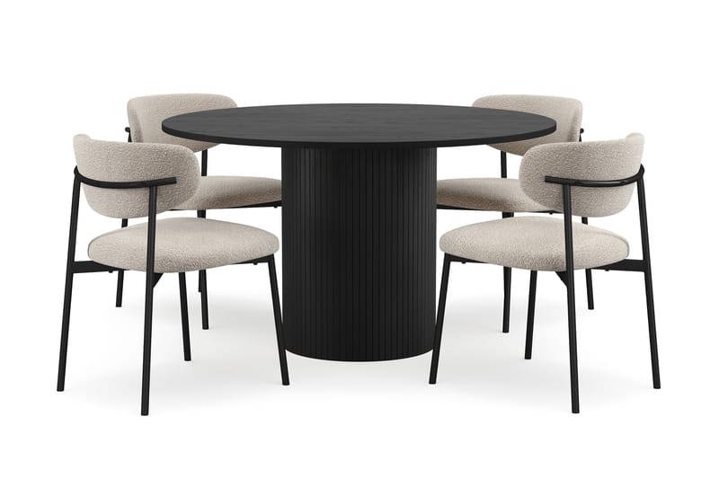 Kopparbo Rundt Spisebord 130 cm med 4 Lucy Spisestole, Sort træ / Greige Bouclé / Metalben Sort
