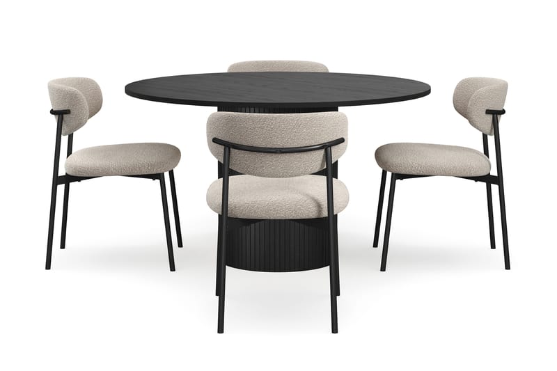 Kopparbo Rundt Spisebord 130 cm med 4 Lucy Spisestole - Sort træ / Greige Bouclé / Metalben Sort - Møbler - Borde - Spisebordssæt