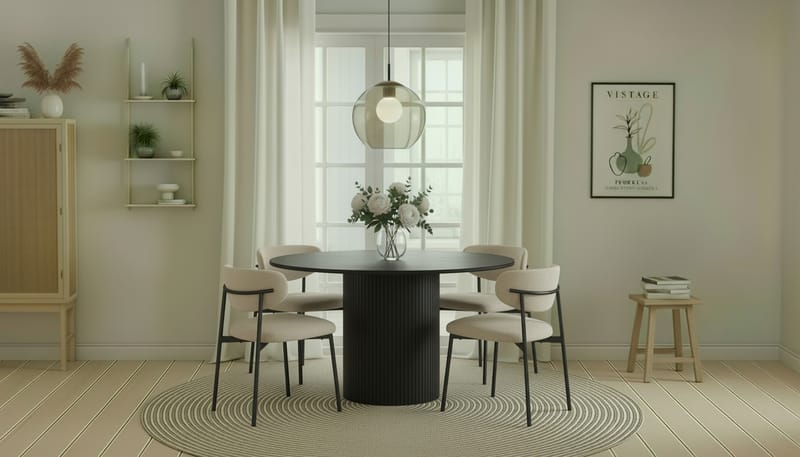 Kopparbo Rundt Spisebord 130 cm med 4 Lucy Spisestole - Sort træ / Greige Bouclé / Metalben Sort - Møbler - Borde - Spisebordssæt