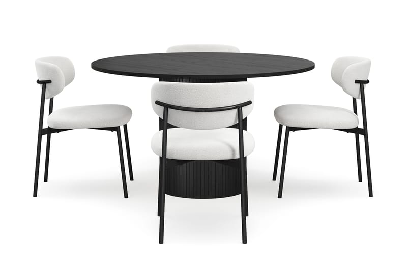 Kopparbo Rundt Spisebord 130 cm med 4 Lucy Spisestole - Sort træ / Hvid Bouclé / Metalben Sort - Møbler - Borde - Spisebordssæt