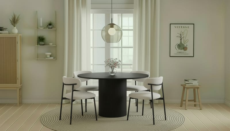 Kopparbo Rundt Spisebord 130 cm med 4 Lucy Spisestole - Sort træ / Hvid Bouclé / Metalben Sort - Møbler - Borde - Spisebordssæt