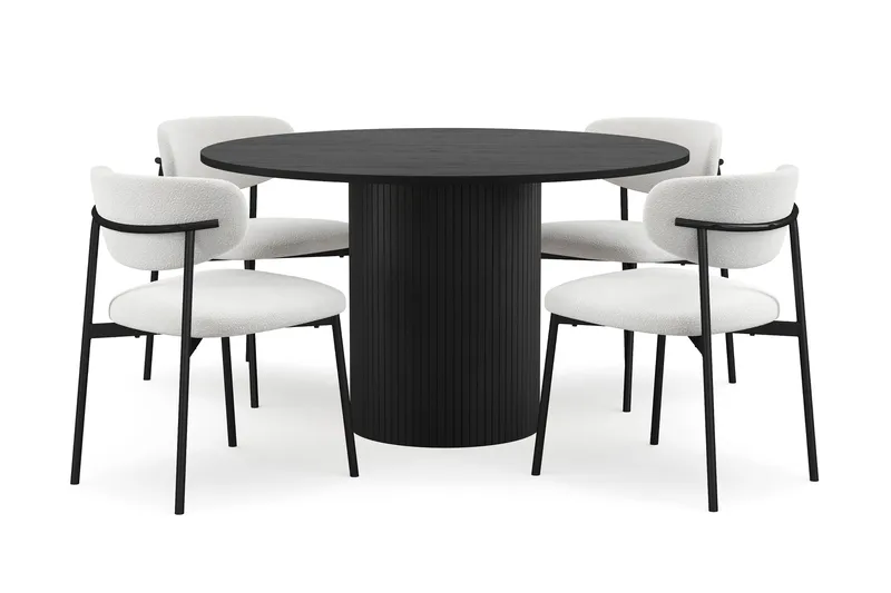 Kopparbo Rundt Spisebord 130 cm med 4 Lucy Spisestole, Sort træ / Hvid Bouclé / Metalben Sort