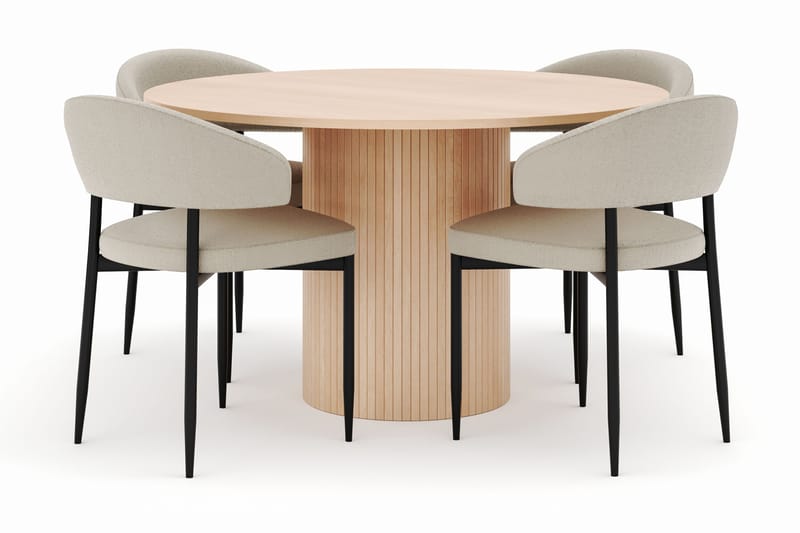 Kopparbo Rundt Spisebord 130 cm med 4 Sawako Stole, Beige