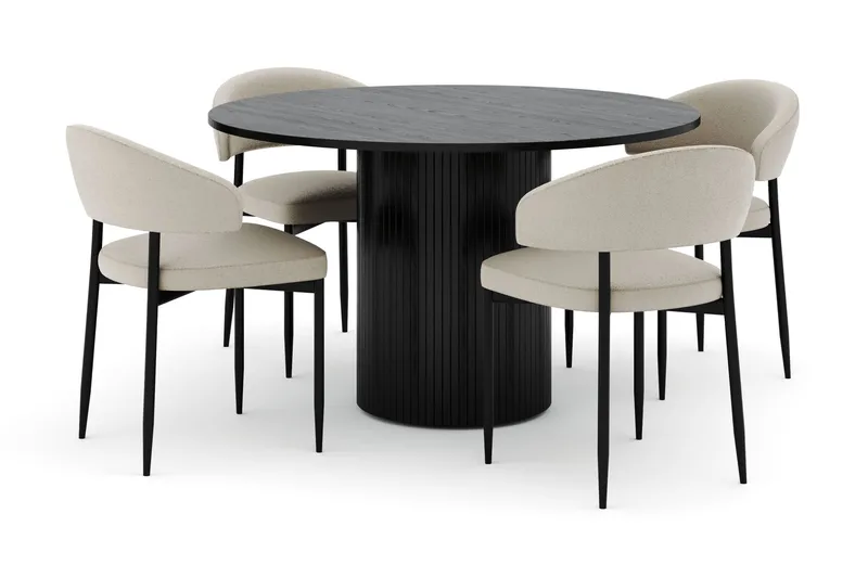 Kopparbo Rundt Spisebord 130 cm med 4 Sawako Stole, Sort