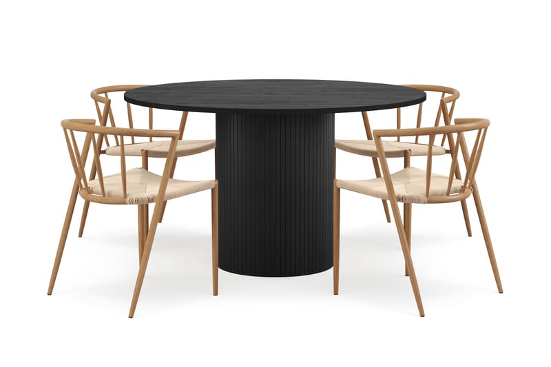 Kopparbo Rundt Spisebord 130 cm med 4 Winston Spisestole, Sort træ / Beige / Metalben Eg