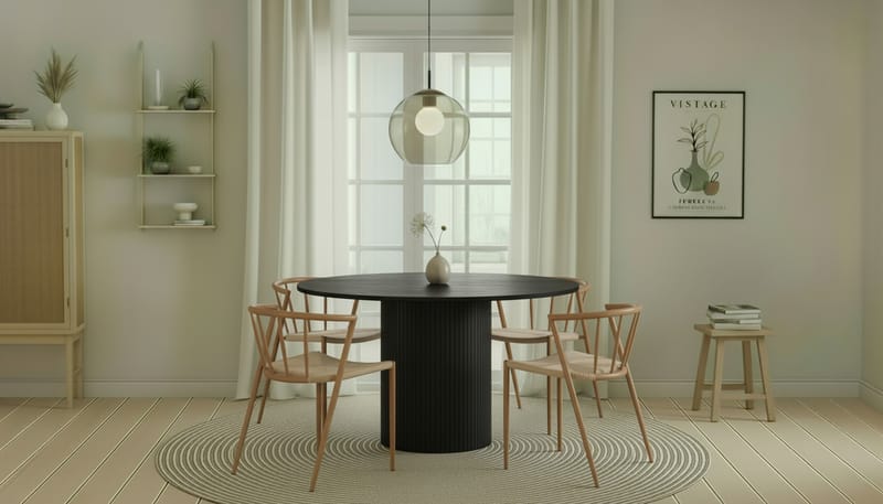 Kopparbo Rundt Spisebord 130 cm med 4 Winston Spisestole - Sort træ / Beige / Metalben Eg - Møbler - Borde - Spisebordssæt