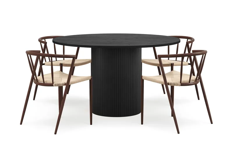 Kopparbo Rundt Spisebord 130 cm med 4 Winston Spisestole, Sort træ / Beige / Metalben Røget eg