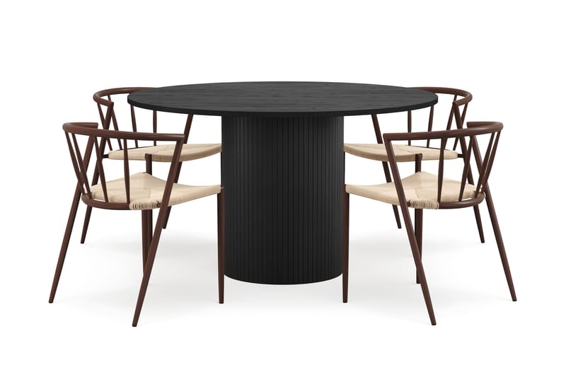 Kopparbo Rundt Spisebord 130 cm med 4 Winston Spisestole - Sort træ / Beige / Metalben Røget eg - Møbler - Borde - Spisebordssæt