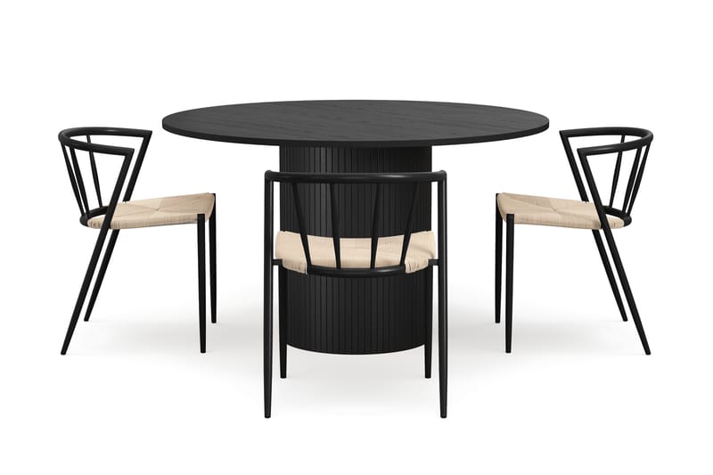 Kopparbo Rundt Spisebord 130 cm med 4 Winston Spisestole, Sort træ / Beige / Metalben Sort