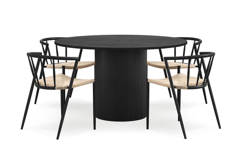 Kopparbo Rundt Spisebord 130 cm med 4 Winston Spisestole, Sort træ / Beige / Metalben Sort