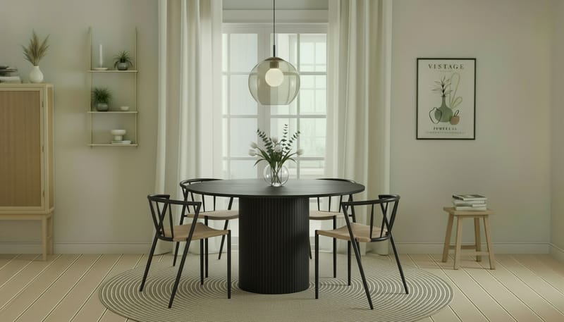 Kopparbo Rundt Spisebord 130 cm med 4 Winston Spisestole, Sort træ / Beige / Metalben Sort