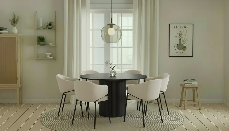 Kopparbo Rundt Spisebord 130 cm med 6 Filip Spisestole - Sort træ / Hvid Bouclé - Møbler - Borde - Spisebordssæt