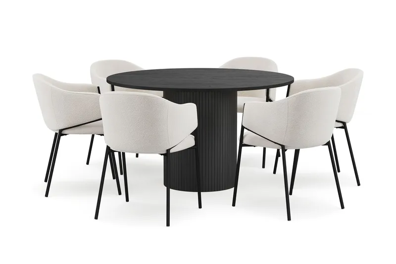 Kopparbo Rundt Spisebord 130 cm med 6 Filip Spisestole, Sort træ / Hvid Bouclé