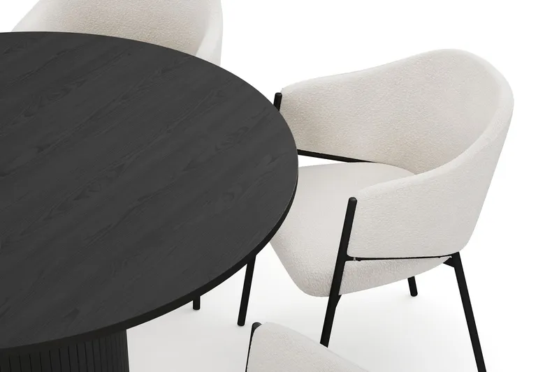 Kopparbo Rundt Spisebord 130 cm med 6 Filip Spisestole - Sort træ / Hvid Bouclé - Møbler - Borde - Spisebordssæt