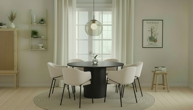 Kopparbo Rundt Spisebord 130 cm med 6 Filip Spisestole - Sort træ / Hvid Bouclé - Møbler - Borde - Spisebordssæt