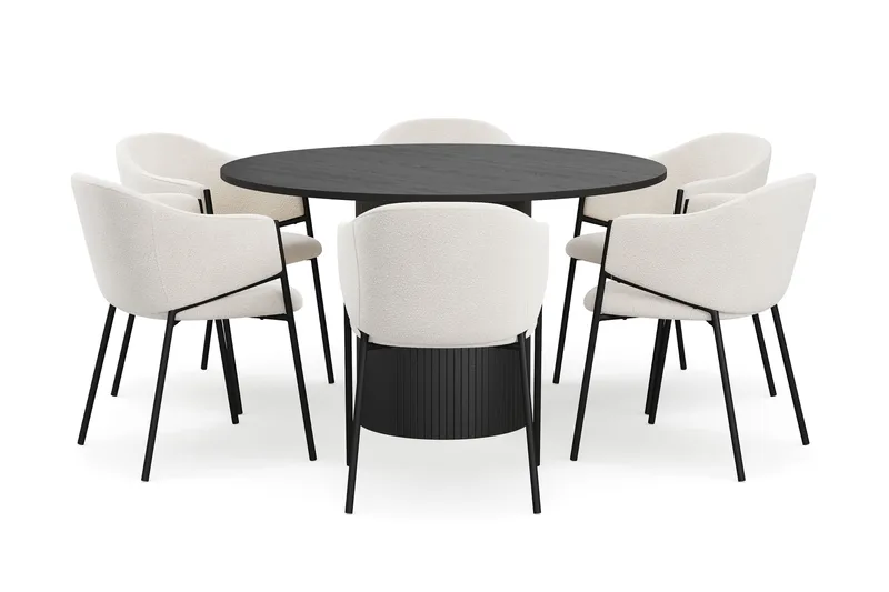 Kopparbo Rundt Spisebord 130 cm med 6 Filip Spisestole - Sort træ / Hvid Bouclé - Møbler - Borde - Spisebordssæt