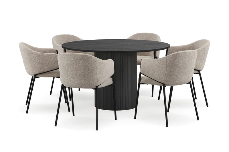 Kopparbo Rundt Spisebord 130 cm med 6 Filip Spisestole, Sort træ / Taupe Bouclé