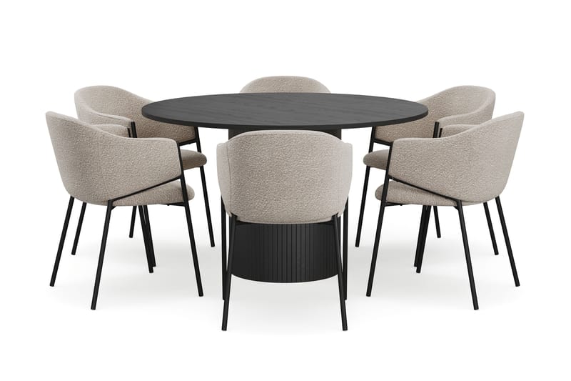 Kopparbo Rundt Spisebord 130 cm med 6 Filip Spisestole - Sort træ / Taupe Bouclé - Møbler - Borde - Spisebordssæt