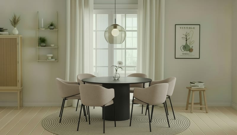 Kopparbo Rundt Spisebord 130 cm med 6 Filip Spisestole - Sort træ / Taupe Bouclé - Møbler - Borde - Spisebordssæt