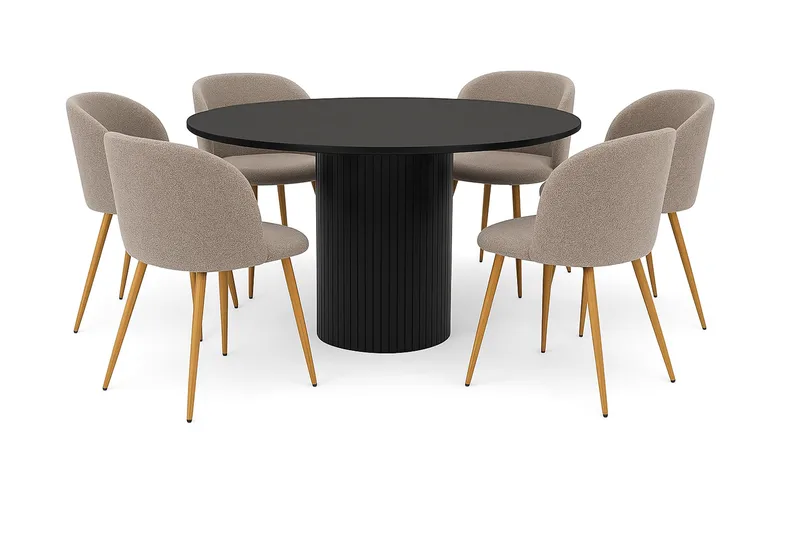 Kopparbo Rundt Spisebord 130 cm med 6 Greya Spisestole med armlæn, Sort træ / Greige Bouclé / Metalben Eg