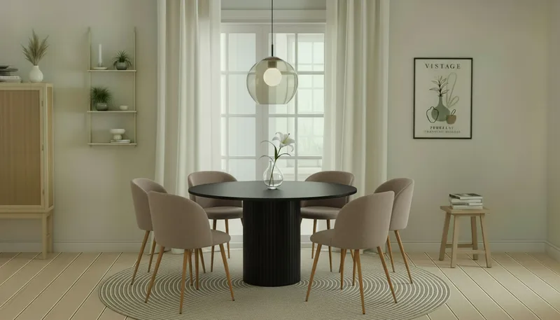 Kopparbo Rundt Spisebord 130 cm med 6 Greya Spisestole med armlæn - Sort træ / Greige Bouclé / Metalben Eg - Møbler - Borde - Spisebordssæt