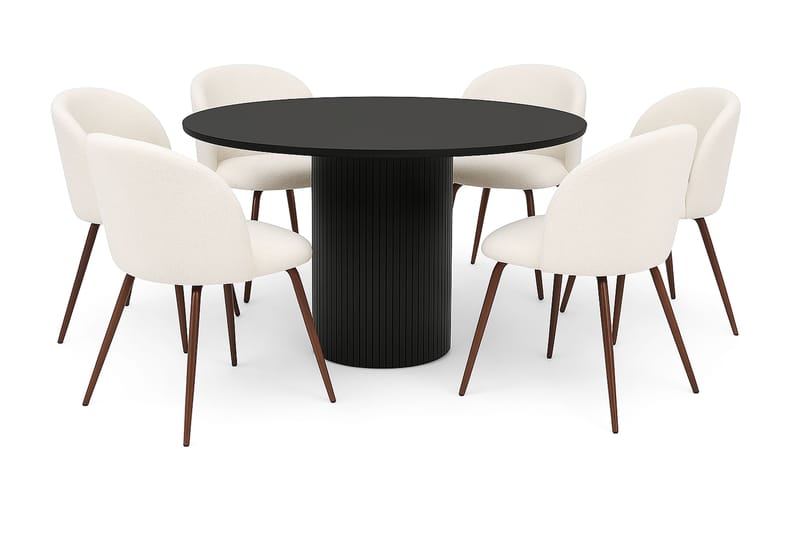 Kopparbo Rundt Spisebord 130 cm med 6 Greya Spisestole med armlæn, Sort træ / Hvid Bouclé / Metalben Valnød