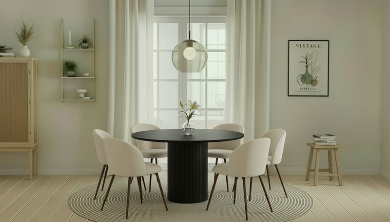 Kopparbo Rundt Spisebord 130 cm med 6 Greya Spisestole med armlæn - Sort træ / Hvid Bouclé / Metalben Valnød - Møbler - Borde - Spisebordssæt